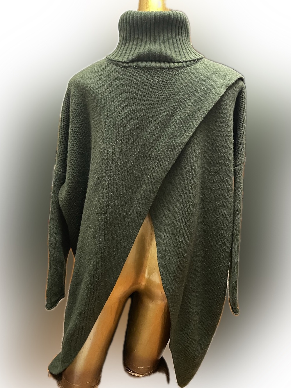 Asymmetric Back Olive Green Turtleneck Sweater